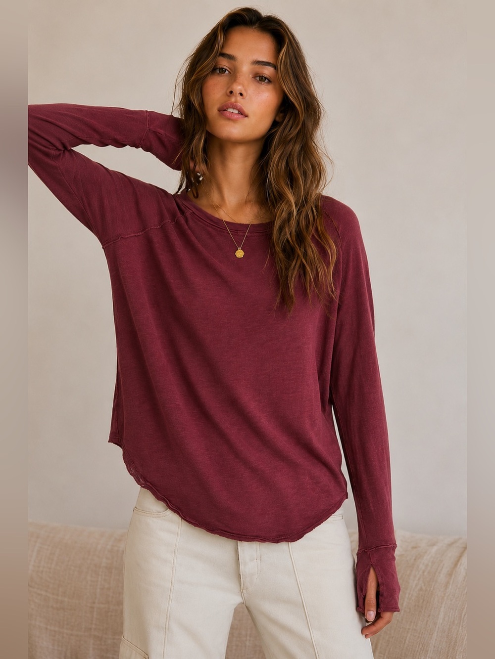 We The Free Free People Burgundy Raw Hem Long Sleeve Top XS/S